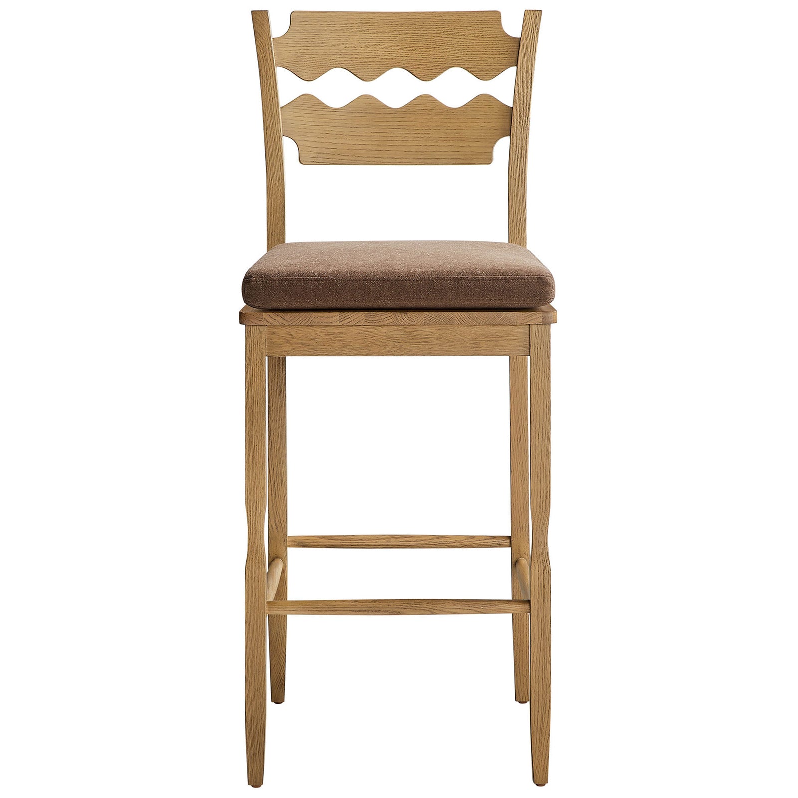 Bar stool with signature wavy oak back and cocoa cushion atop a stable stretcher base || EEI-7519-WOA-COA || front_studio