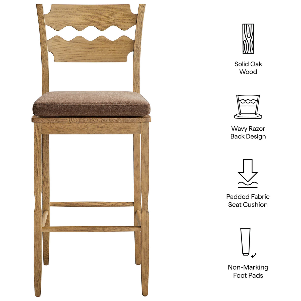 Feature callouts spotlight solid oak, wavy back design, cushioned seat, and non-marking pads || EEI-7519-WOA-COA || callout_studio
