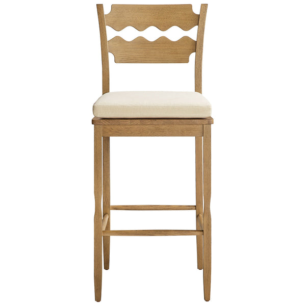 Bar stool in weathered oak with wavy slat back and cushioned linen seat || EEI-7519-WOA-LIN || front_studio