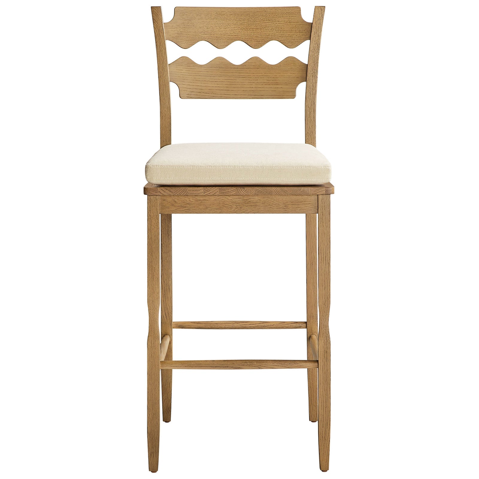 Bar stool in weathered oak with wavy slat back and cushioned linen seat || EEI-7519-WOA-LIN || front_studio