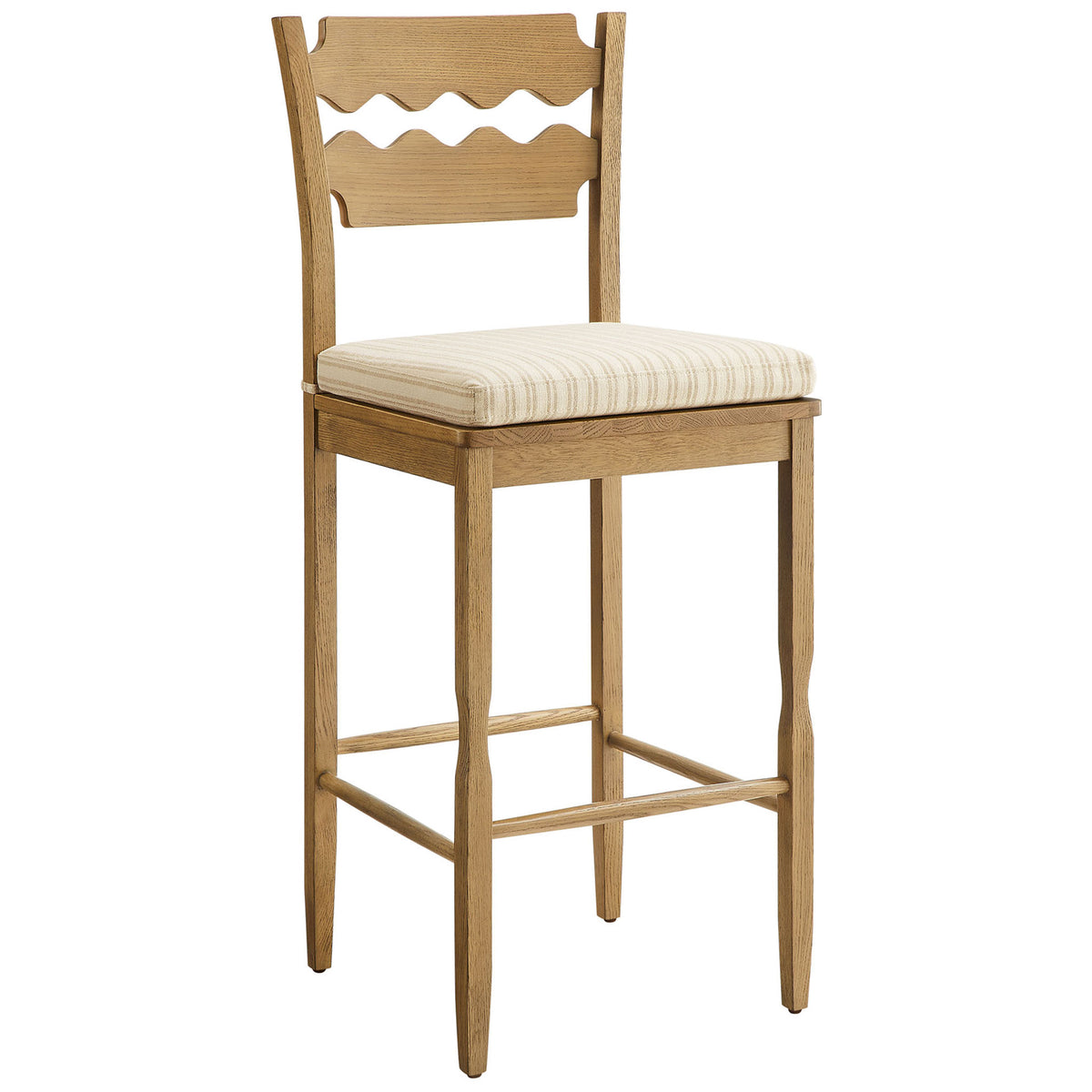 Oak bar stool with sculpted legs, tie-on striped cushion, and a supportive footrest. || EEI-7519-WOA-OAS || front_angle_studio