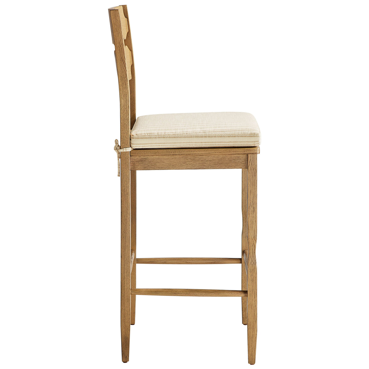 Contoured back, cushioned seat, and sturdy stretcher base offer reliable bar-height support. || EEI-7519-WOA-OAS || side_studio