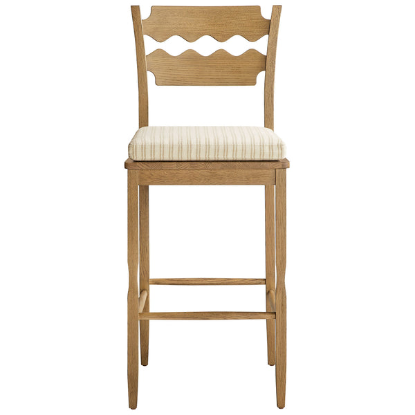 Solid oak bar stool with wavy razor-back and striped cushion for elevated seating comfort. || EEI-7519-WOA-OAS || front_studio
