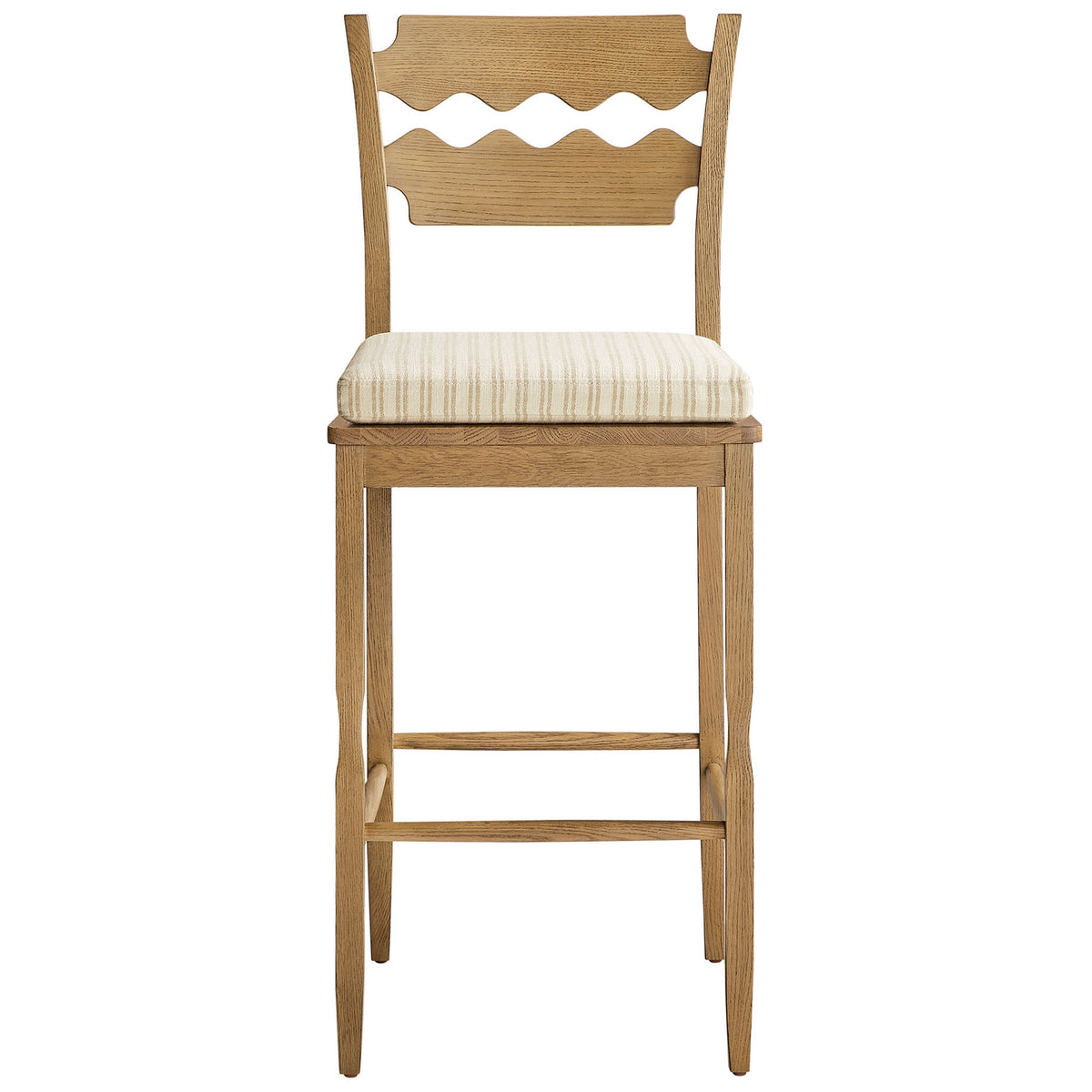 Solid oak bar stool with wavy razor-back and striped cushion for elevated seating comfort. || EEI-7519-WOA-OAS || front_studio