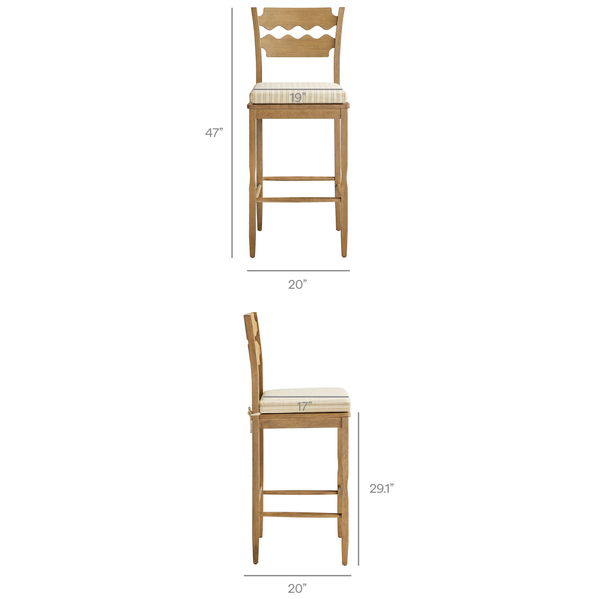 Key measurements for the oak bar stool with wavy back and striped cushion. || EEI-7519-WOA-OAS || dimension_studio