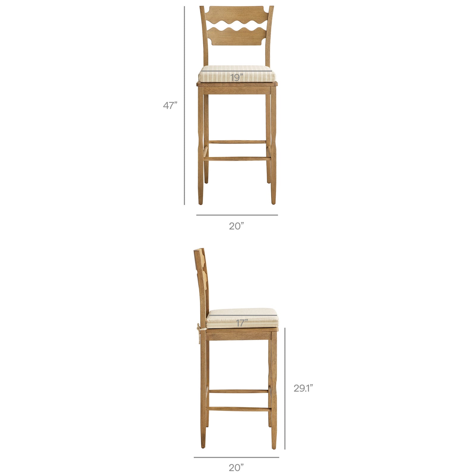 Key measurements for the oak bar stool with wavy back and striped cushion. || EEI-7519-WOA-OAS || dimension_studio