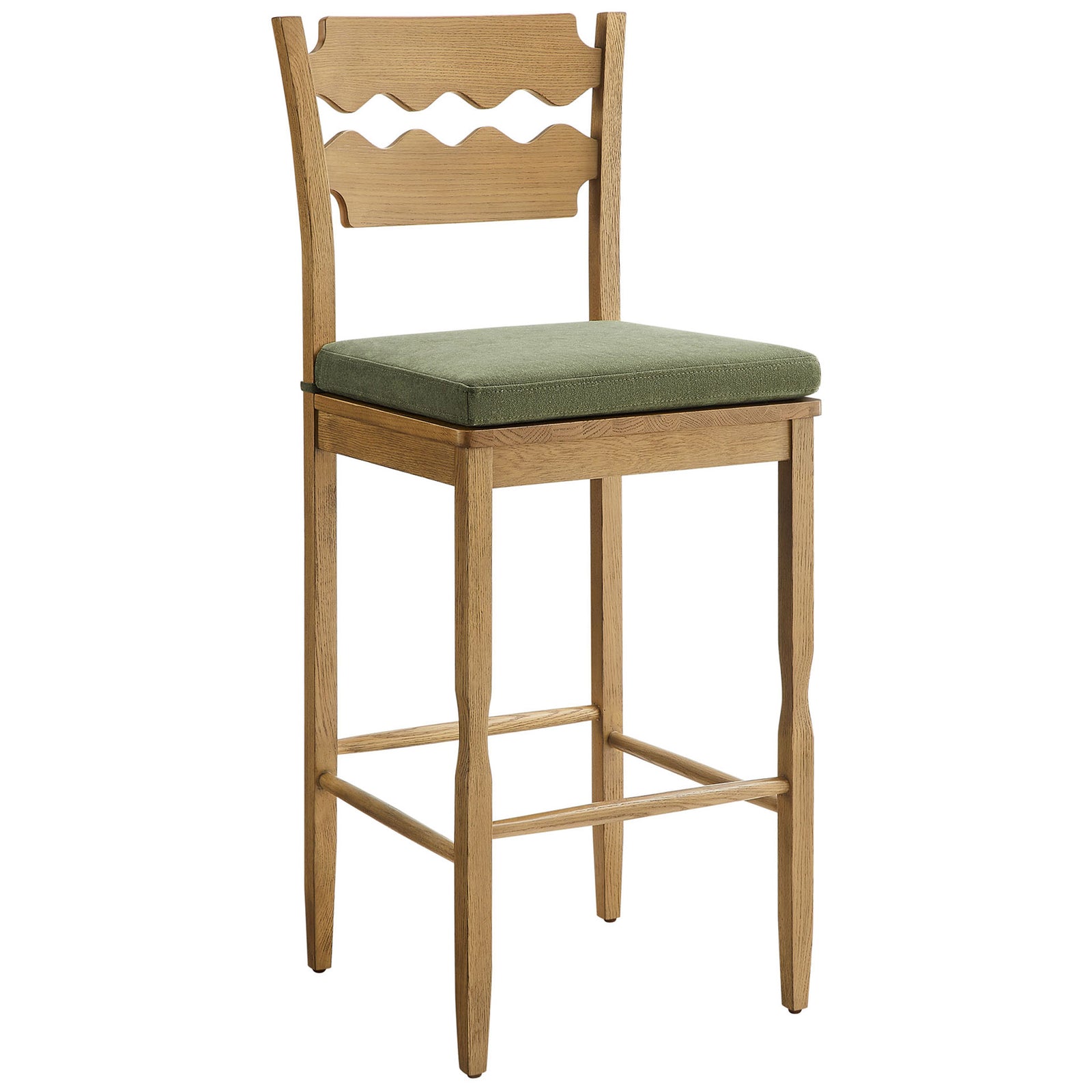 Oak wood stool highlights sculpted back and supportive, tie-on sage cushion || EEI-7519-WOA-SGE || front_angle_studio