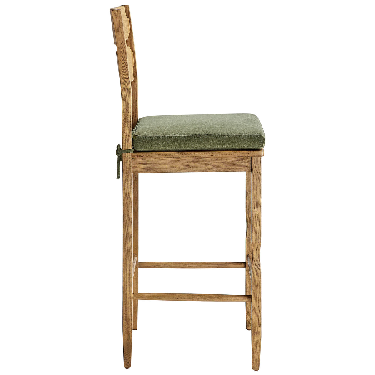 Graceful side profile with stretcher footrest and neatly upholstered sage seat || EEI-7519-WOA-SGE || side_studio
