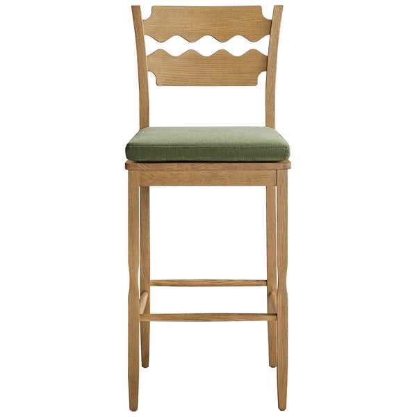 Weathered oak stool with iconic wavy back and deep sage cushioned seat || EEI-7519-WOA-SGE || front_studio