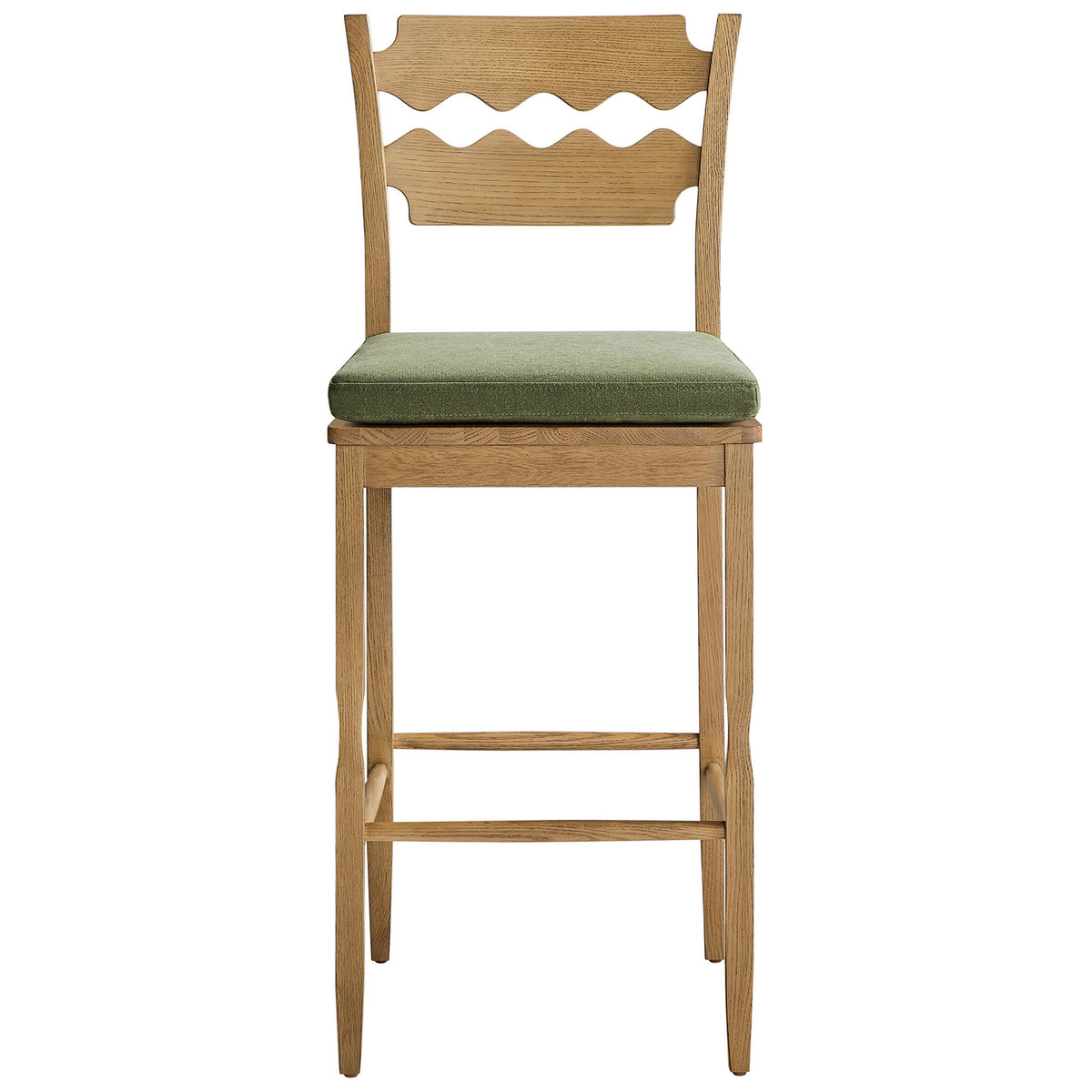 Weathered oak stool with iconic wavy back and deep sage cushioned seat || EEI-7519-WOA-SGE || front_studio