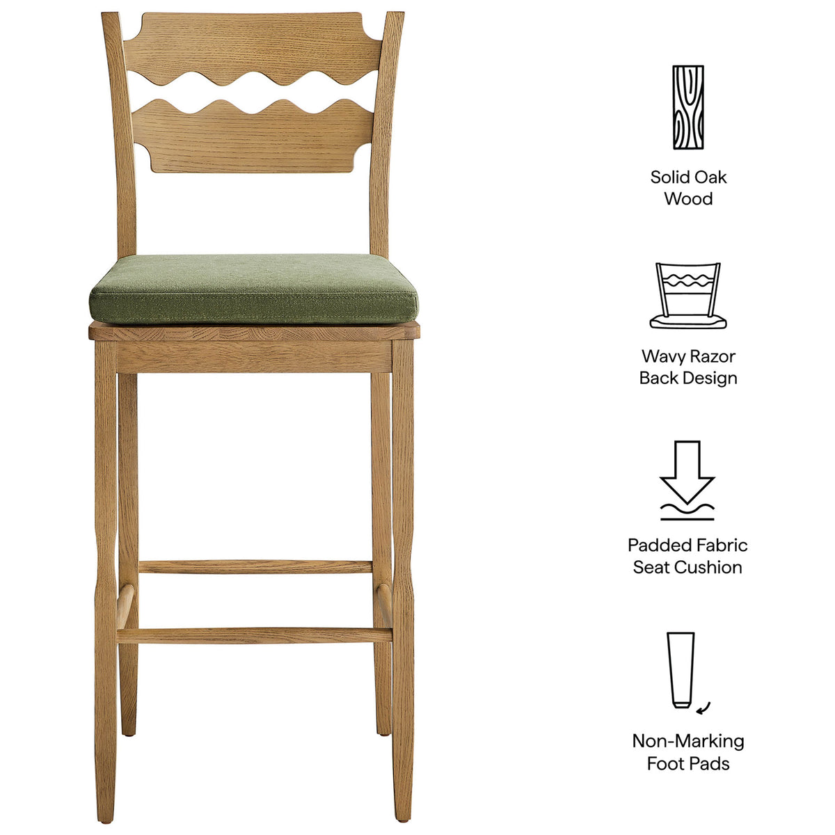 Feature highlights: solid oak, wave-back design, padded seat, floor-safe foot pads || EEI-7519-WOA-SGE || callout_studio