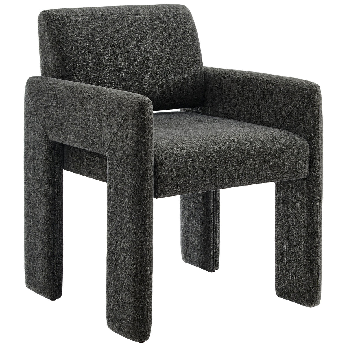 Charcoal fabric dining armchair with thick upholstered legs and a clean, architectural silhouette. || EEI-7524-CHA || front_angle_studio