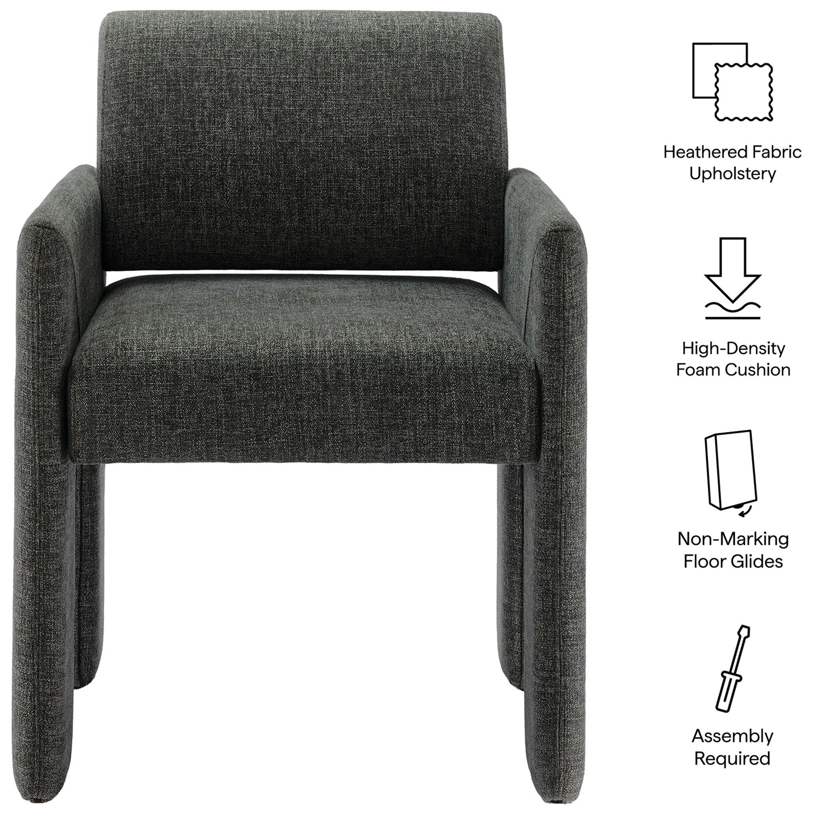 Charcoal dining chair with icons highlighting heathered upholstery, high-density foam, floor glides, and easy assembly. || EEI-7524-CHA || callout_studio