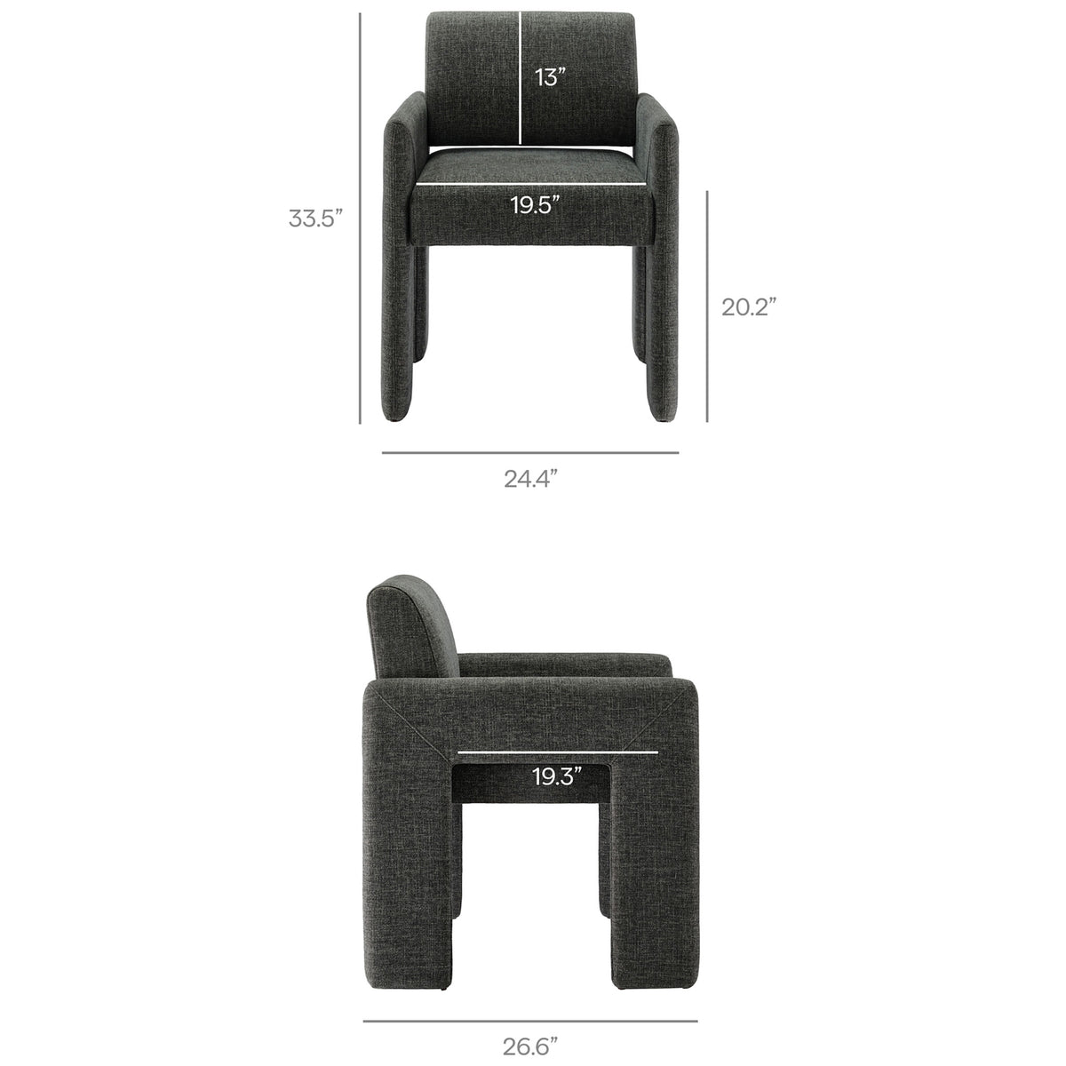 Charcoal upholstered dining chair with labeled measurements for overall height, width, depth, and seat size. || EEI-7524-CHA || dimension_studio