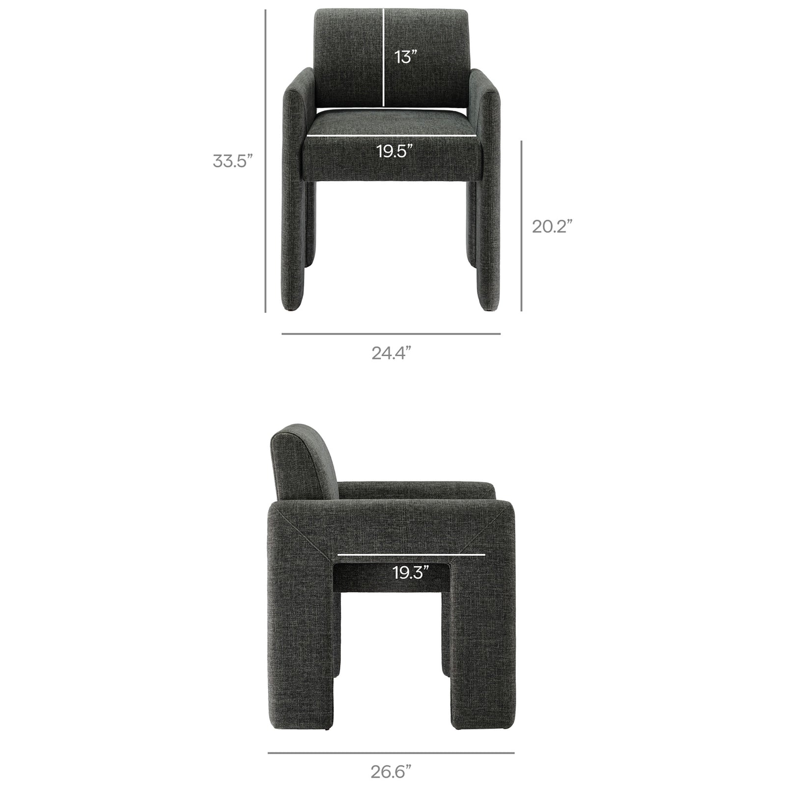 Charcoal upholstered dining chair with labeled measurements for overall height, width, depth, and seat size. || EEI-7524-CHA || dimension_studio