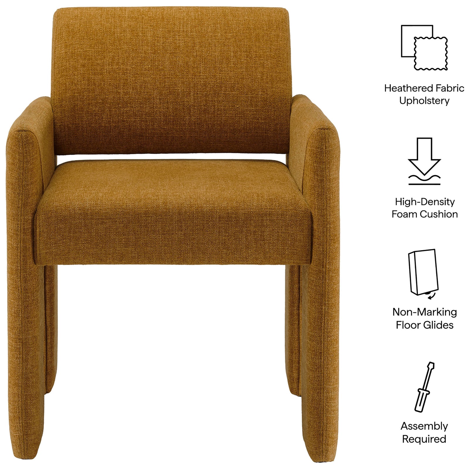 Copper upholstered dining chair features heathered fabric, plush foam seat, floor glides, and easy assembly || EEI-7524-COP || callout_studio