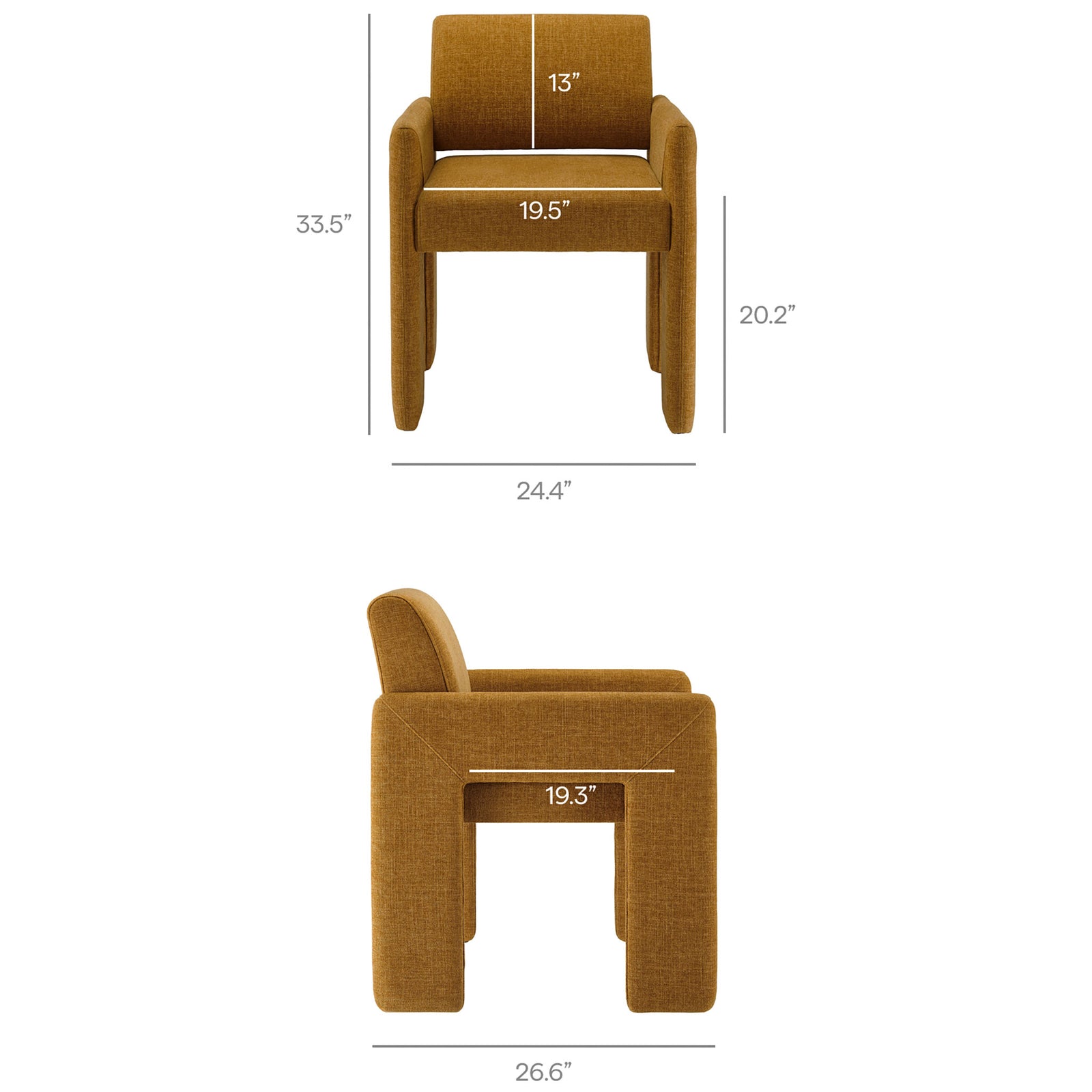 Copper upholstered dining chair with front and side diagrams showing key seat, back, and height dimensions || EEI-7524-COP || dimension_studio
