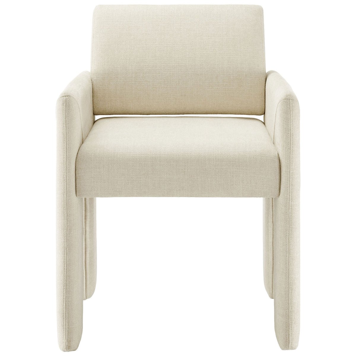 Ecru upholstered dining armchair with plush cushioned seat and fully wrapped, sculptural block legs || EEI-7524-ECR || front_studio