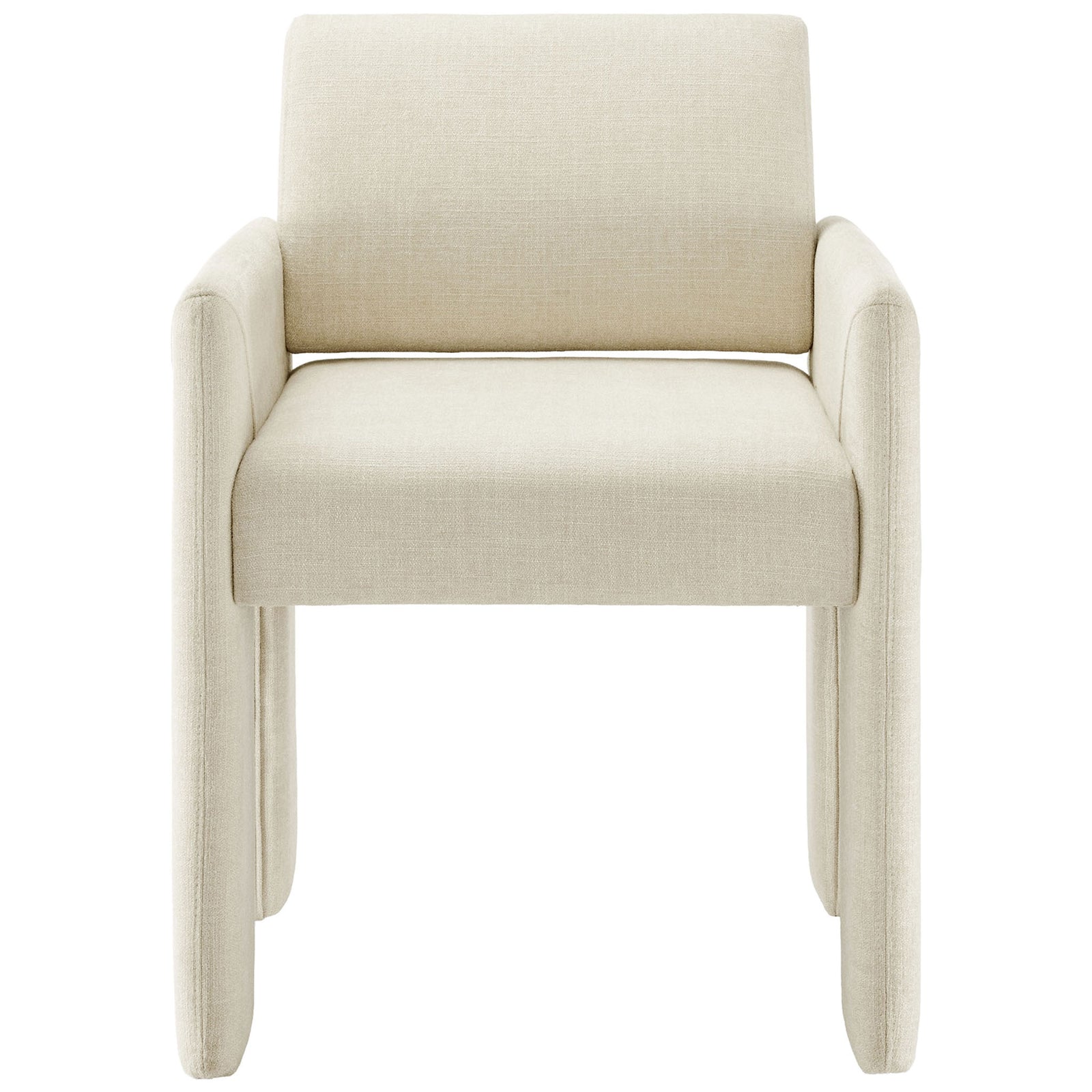 Ecru upholstered dining armchair with plush cushioned seat and fully wrapped, sculptural block legs || EEI-7524-ECR || front_studio