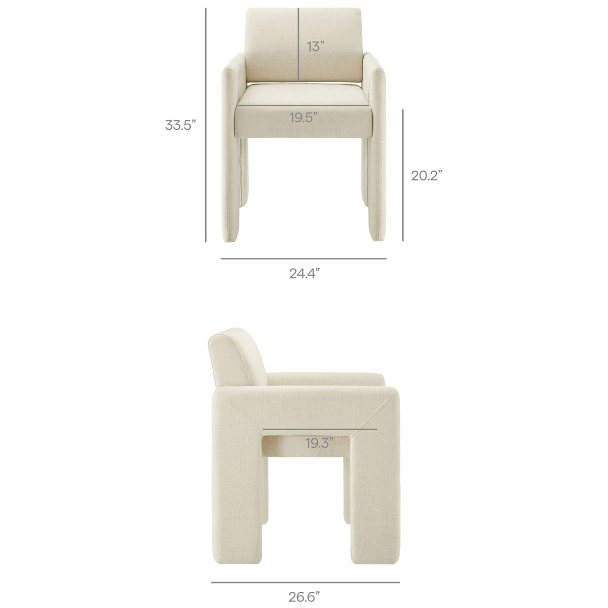 Daven upholstered dining chair with labeled front and side measurements for height, width, and depth || EEI-7524-ECR || dimension_studio