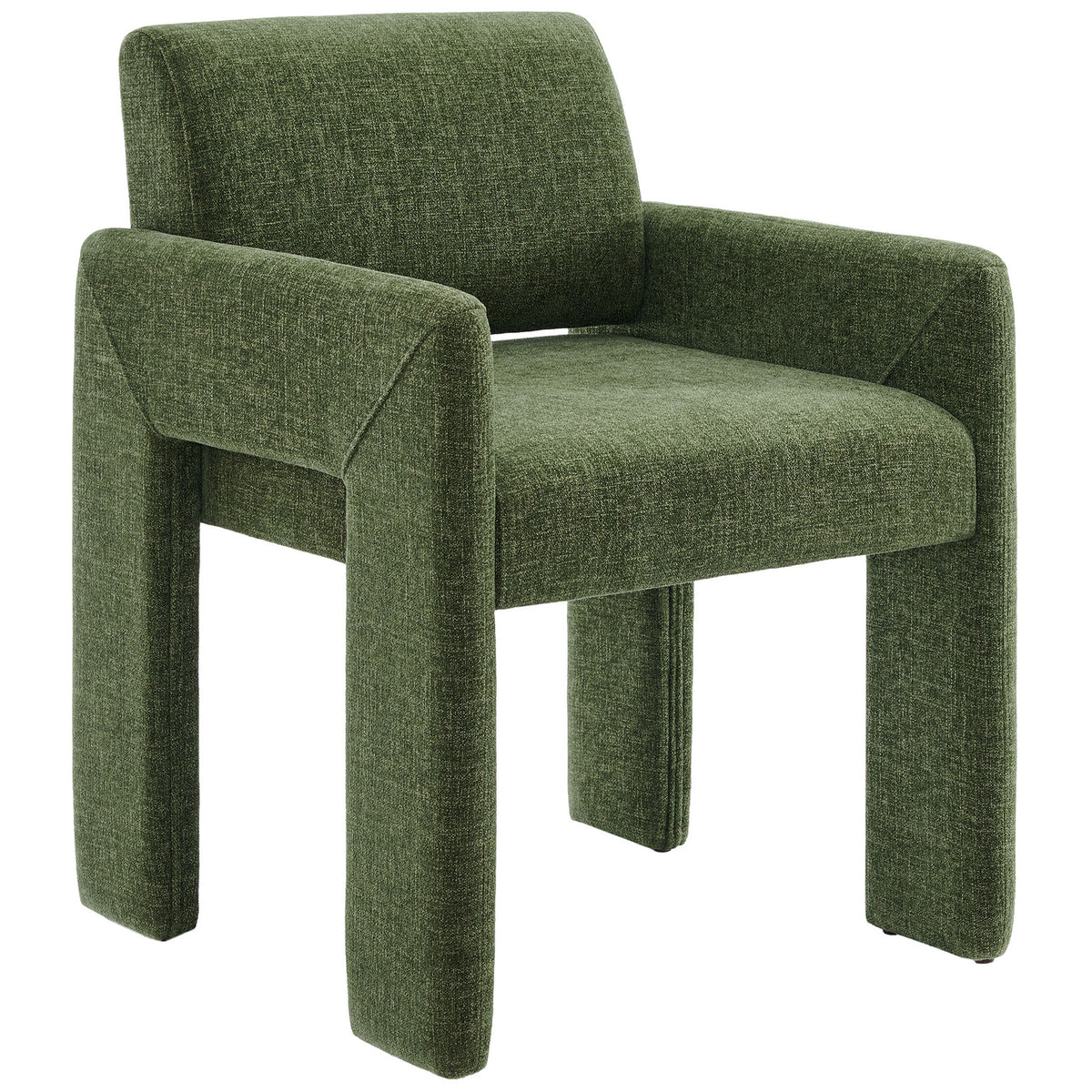 Modern green upholstered dining chair with angled legs and wraparound arms for sculptural style. || EEI-7524-FOL || front_angle_studio