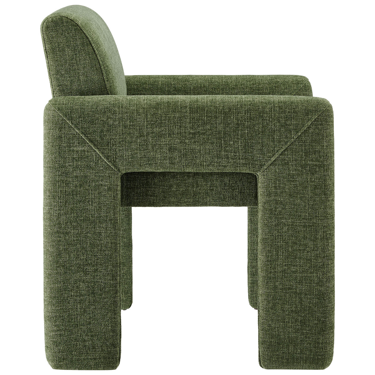 Side profile of the green dining chair showing thick padded seat and fully upholstered legs. || EEI-7524-FOL || side_studio