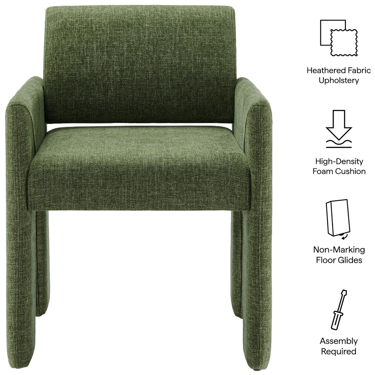 Green upholstered dining chair with icons calling out heathered fabric, plush foam, floor glides, and easy assembly. || EEI-7524-FOL || callout_studio