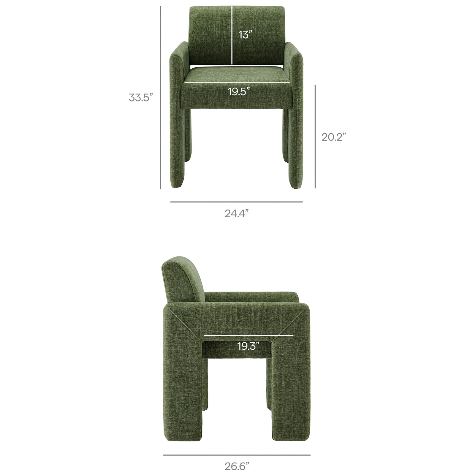 Green upholstered dining chair with diagrams showing detailed height, width, and depth measurements. || EEI-7524-FOL || dimension_studio