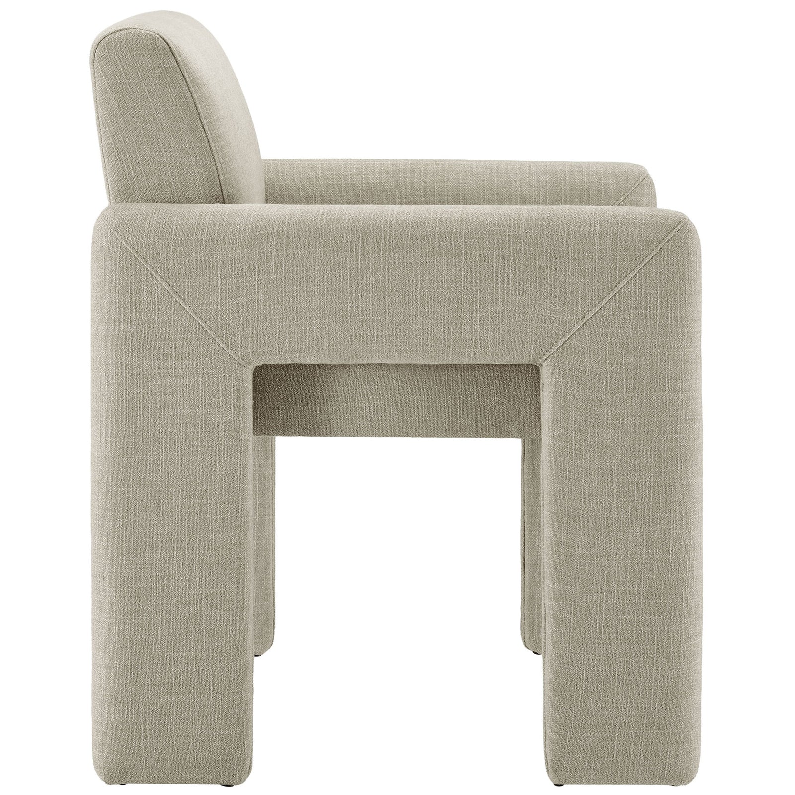 Linen dining chair with thick padded arms, deep cushioned seat, and fully upholstered modern block legs || EEI-7524-LIN || side_studio