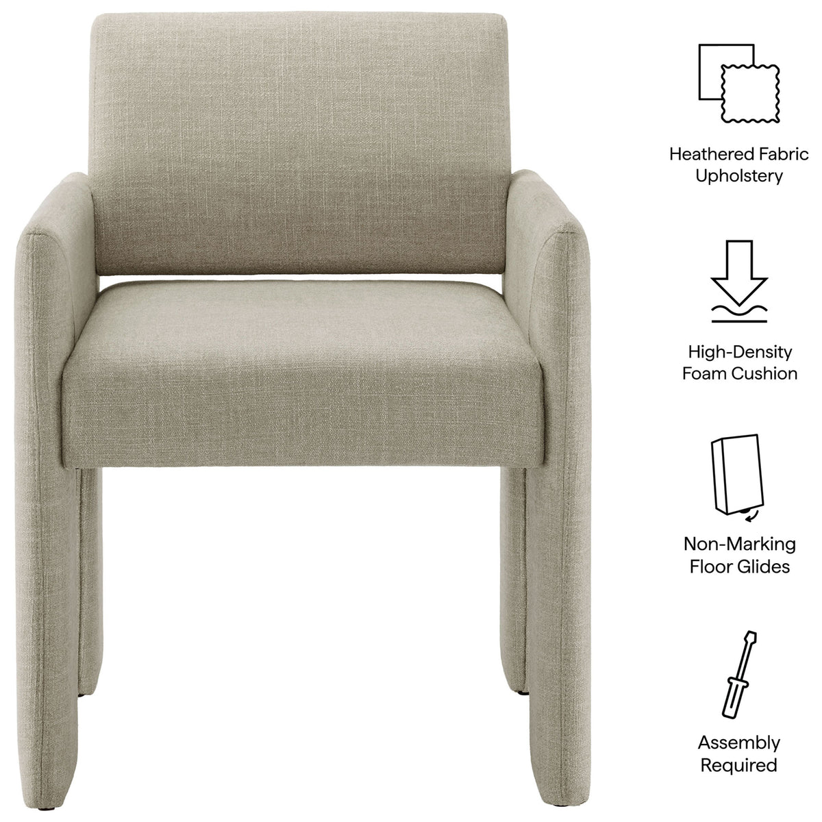 Daven linen dining chair with callouts for heathered fabric, dense foam cushioning, floor glides, and easy assembly || EEI-7524-LIN || callout_studio
