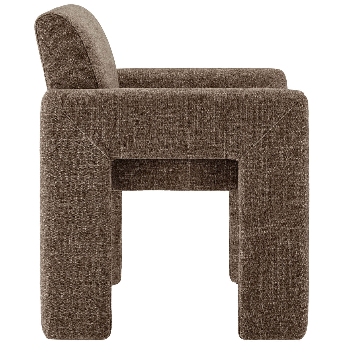 Side profile of mocha dining chair showing thick seat cushion and fully padded armrests || EEI-7524-MOC || side_studio