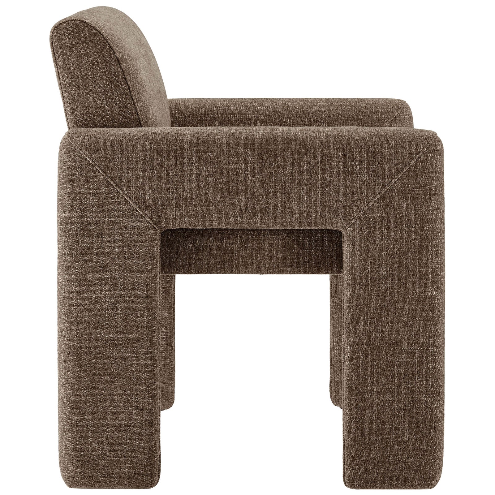 Side profile of mocha dining chair showing thick seat cushion and fully padded armrests || EEI-7524-MOC || side_studio