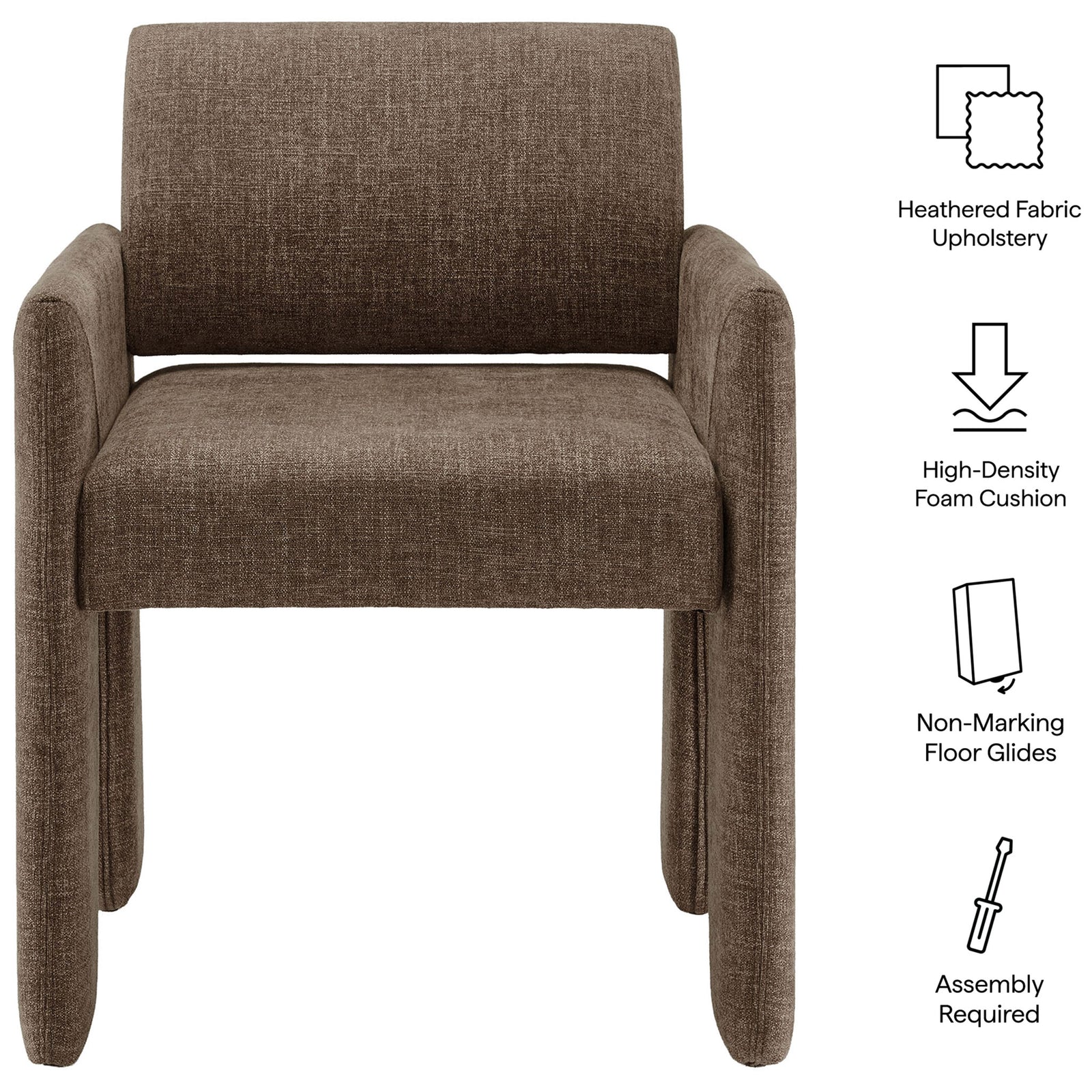 Feature callouts for the Daven mocha dining chair highlighting fabric, foam cushion, and floor glides || EEI-7524-MOC || callout_studio