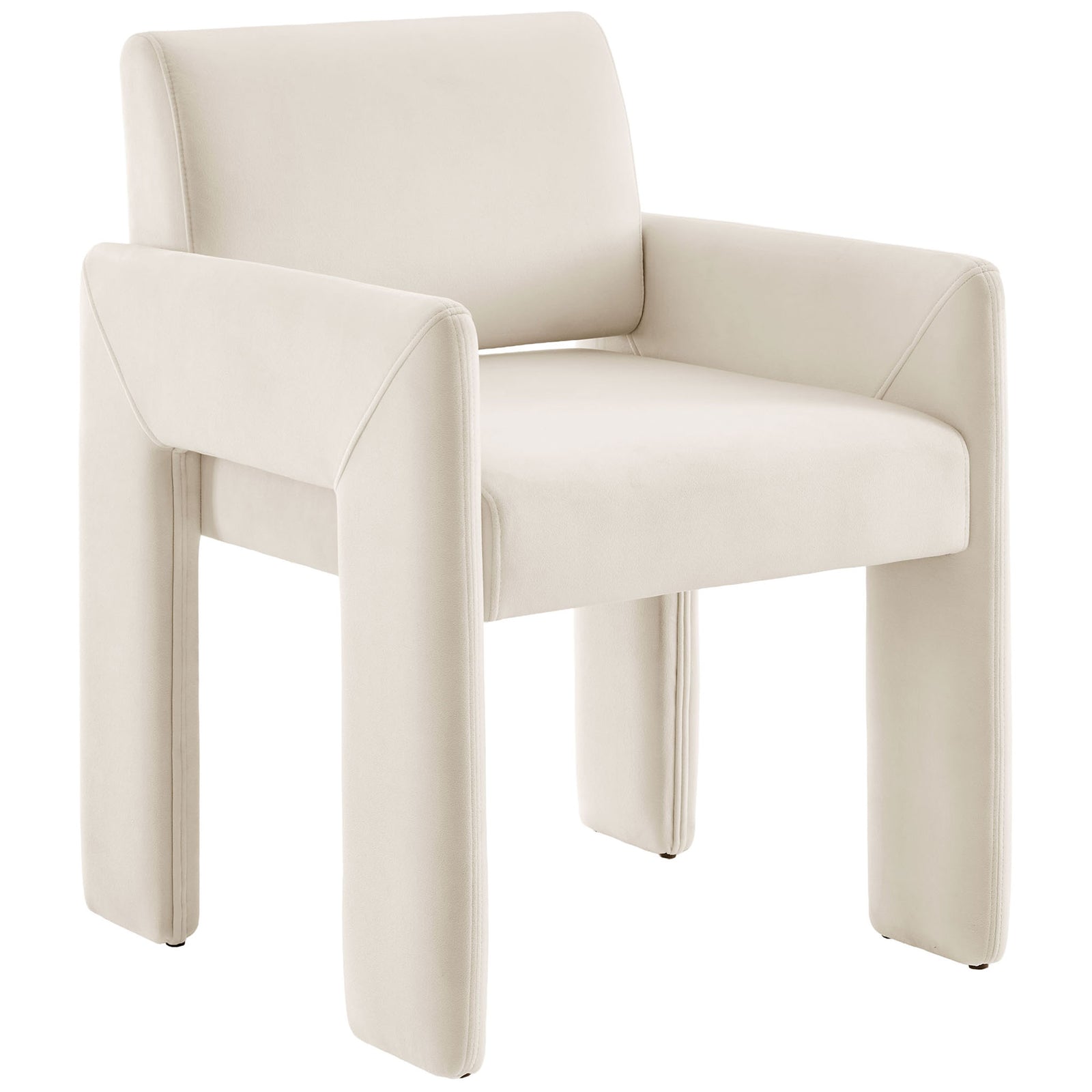 Alabaster velvet dining armchair with wide sculpted legs and wraparound arms for sleek modern comfort || EEI-7525-ALA || front_angle_studio