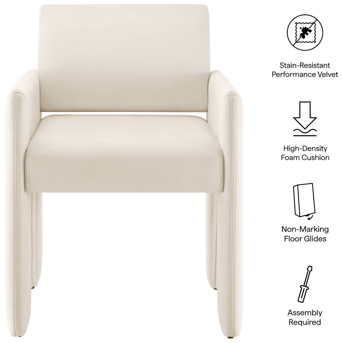 Alabaster velvet dining armchair with high-density foam seat, non-marking glides, and easy assembly features || EEI-7525-ALA || callout_studio