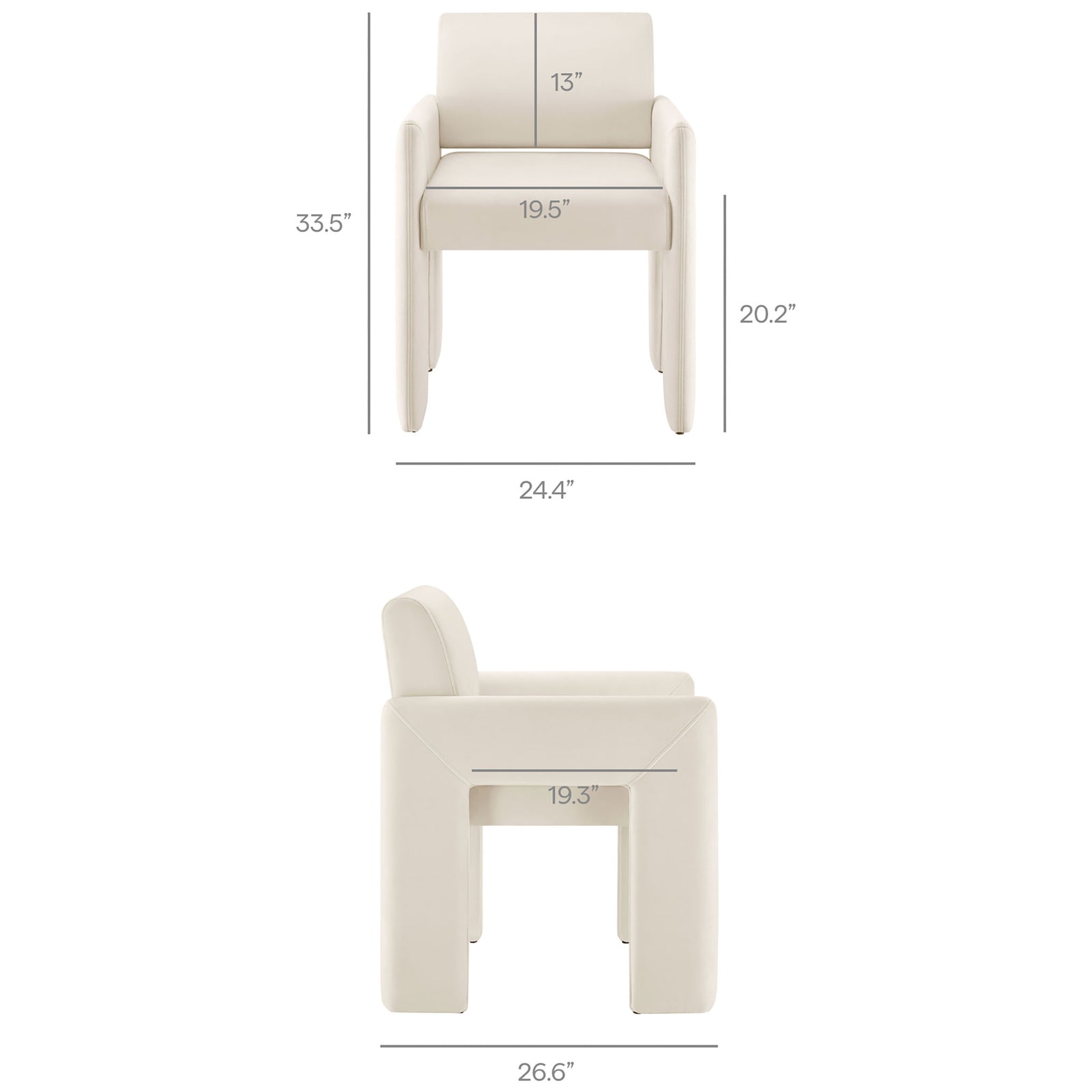 Size guide showing key seat, back, and overall measurements of the alabaster velvet dining armchair || EEI-7525-ALA || dimension_studio