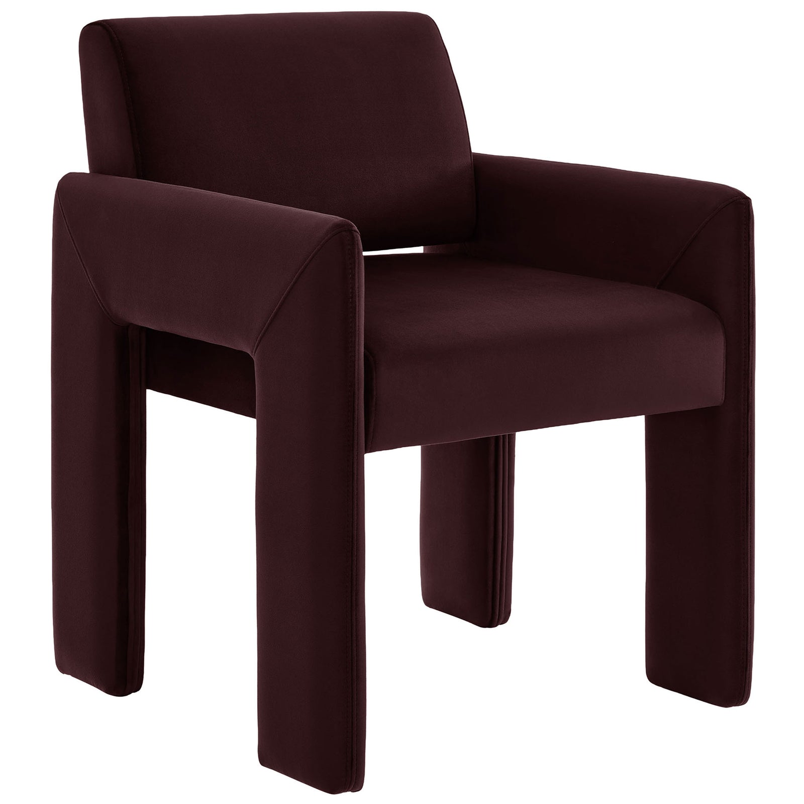 Mulberry velvet dining armchair with wraparound arms and sculptural block legs || EEI-7525-MUL || front_angle_studio