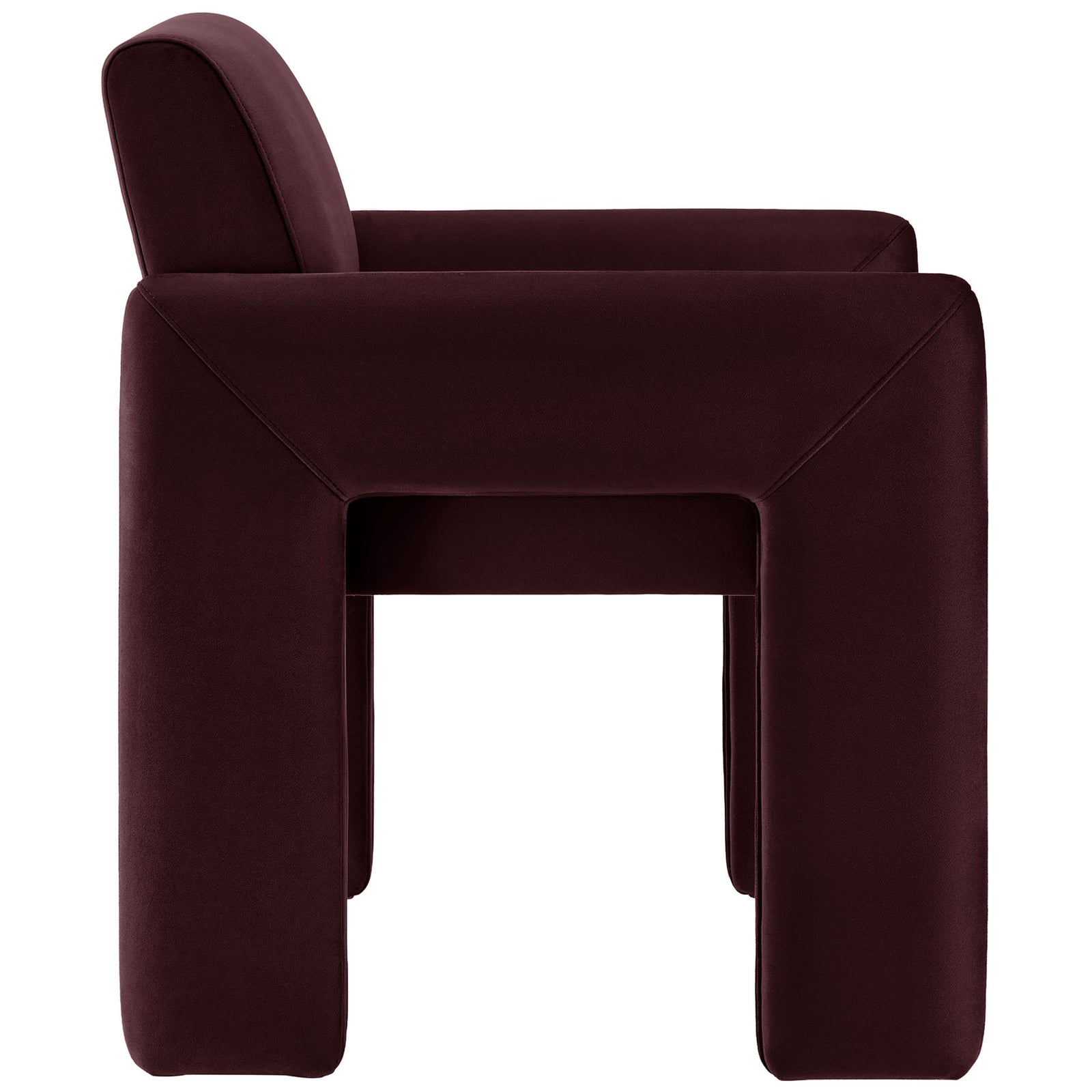 Mulberry velvet armchair with wide padded seat and bold linear frame || EEI-7525-MUL || side_studio