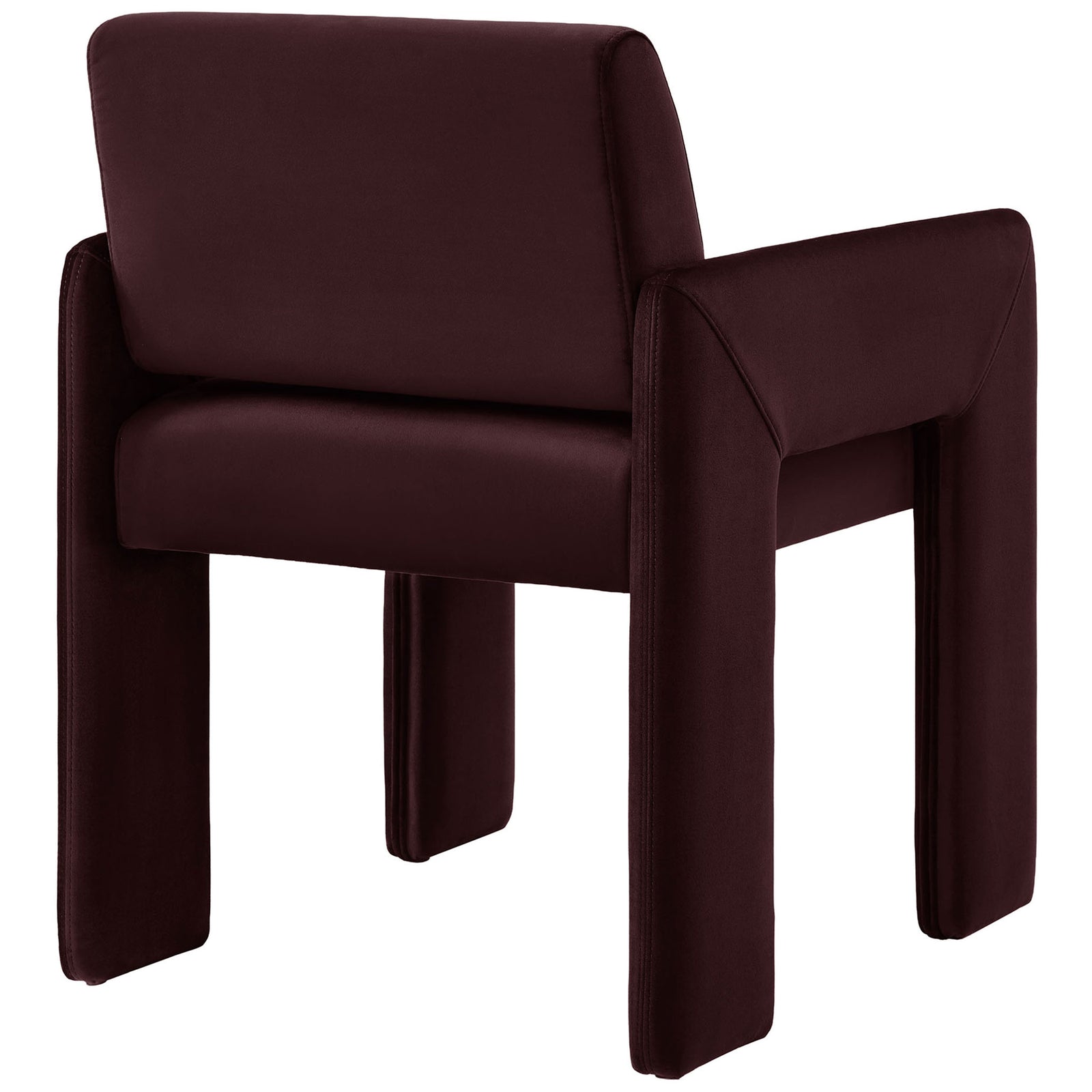 Mulberry velvet dining armchair with clean-lined back and fully upholstered legs || EEI-7525-MUL || back_angle_studio