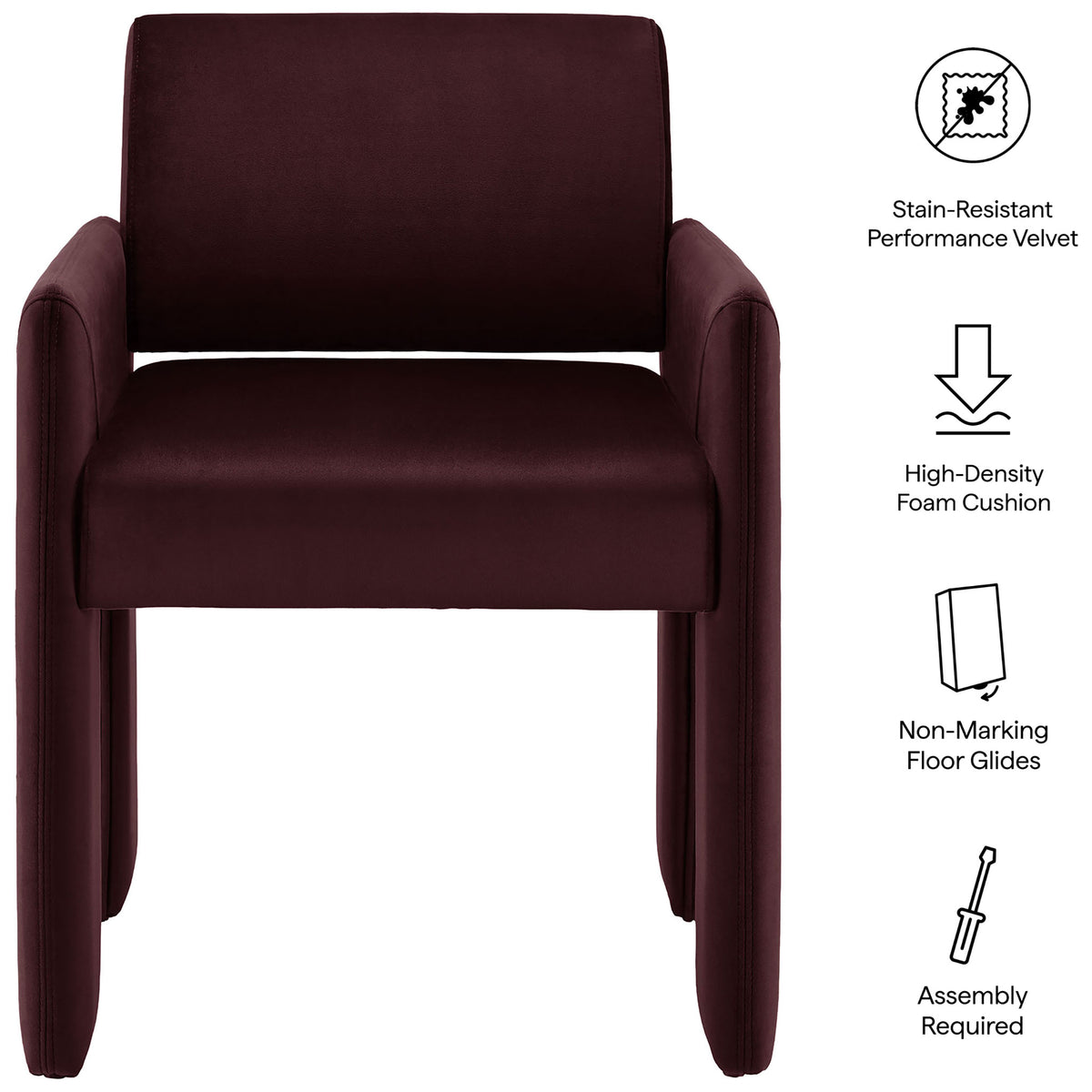 Mulberry velvet dining chair with features for comfort, durability, and easy assembly highlighted || EEI-7525-MUL || callout_studio