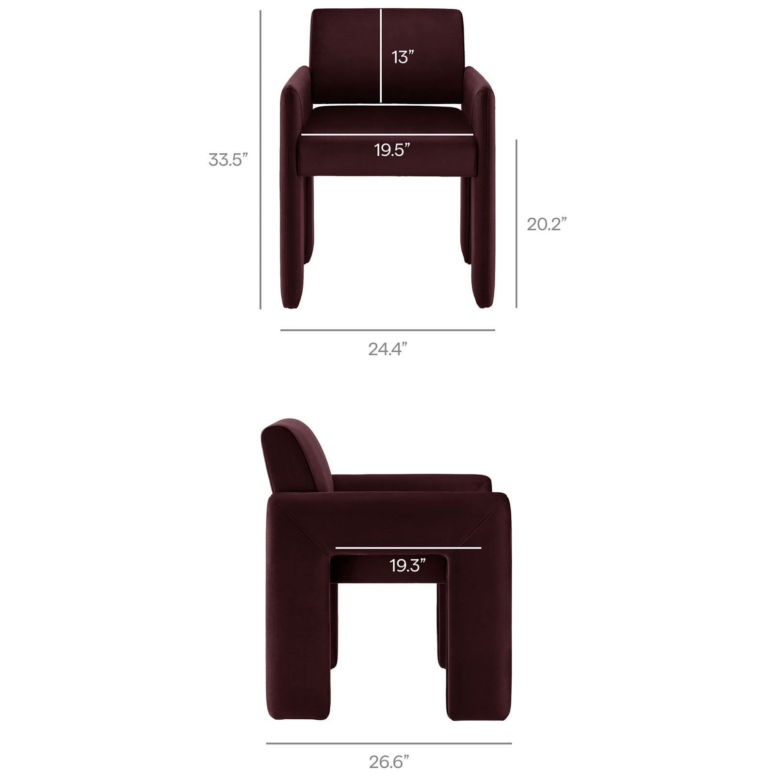 Mulberry velvet dining armchair with labeled height, width, and seat measurements shown || EEI-7525-MUL || dimension_studio