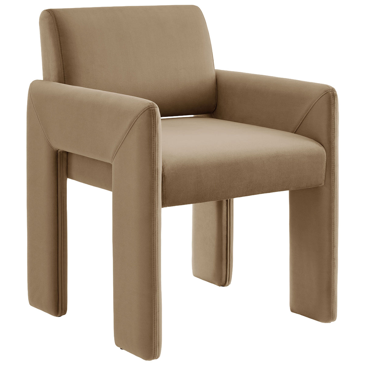 Taupe velvet dining armchair with sculptural padded legs and comfortably wrapped arms || EEI-7525-TAU || front_angle_studio