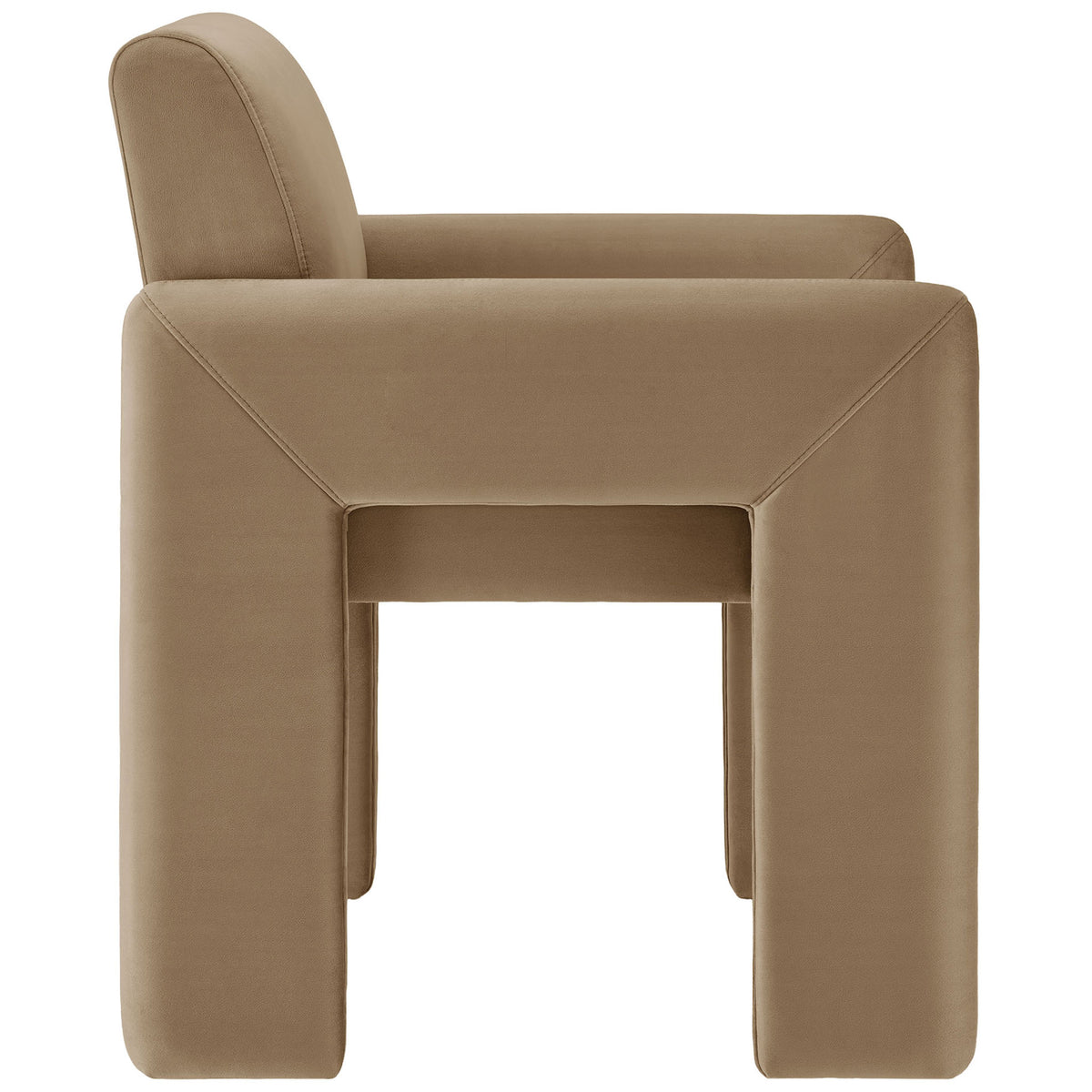 Taupe velvet dining armchair with thick foam seat and bold architectural leg frame || EEI-7525-TAU || side_studio