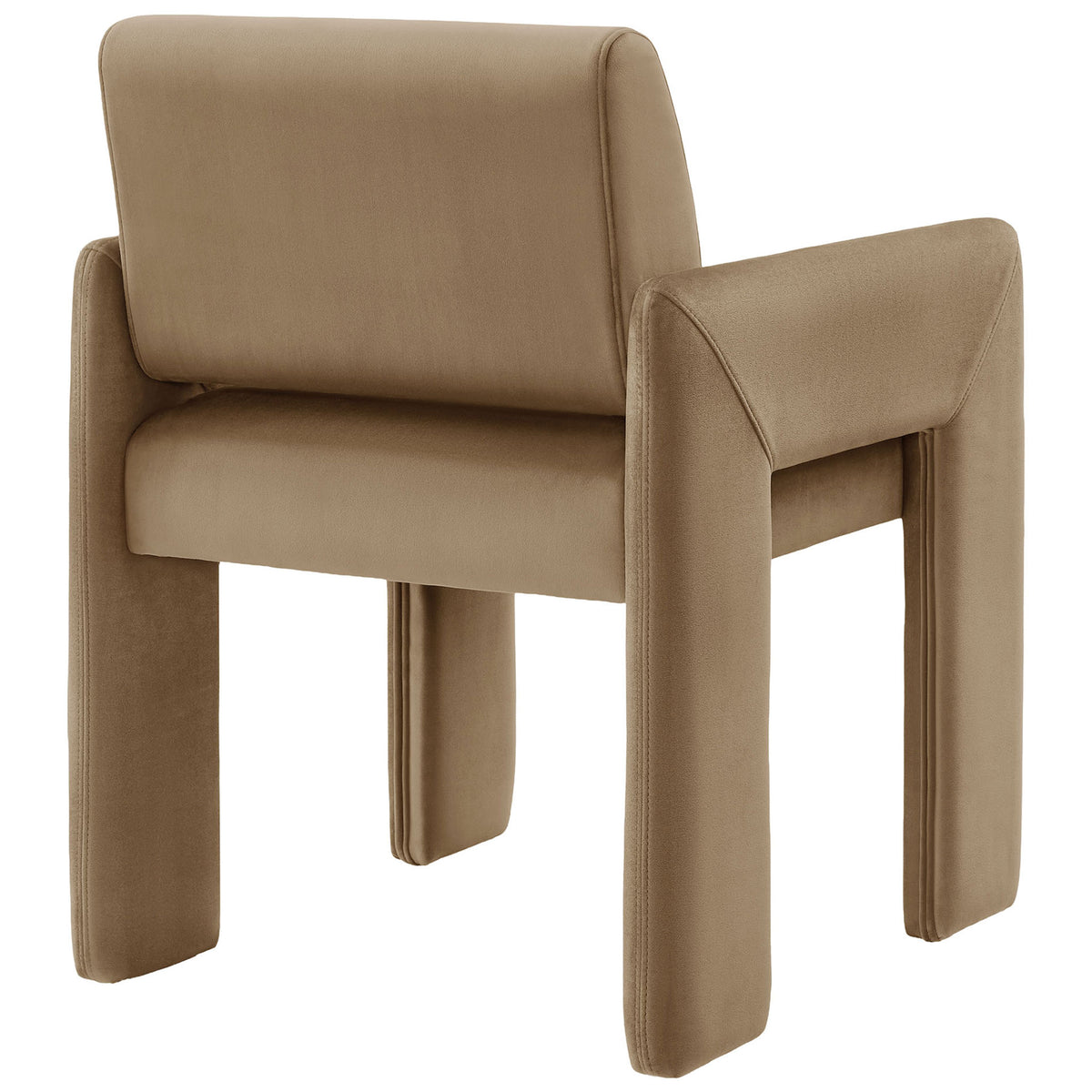 Taupe velvet dining armchair with smooth back panel and wrapped legs for a sleek look || EEI-7525-TAU || back_angle_studio