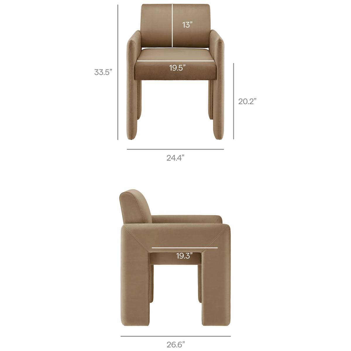 Taupe velvet dining armchair with diagram showing overall size and seat measurements || EEI-7525-TAU || dimension_studio