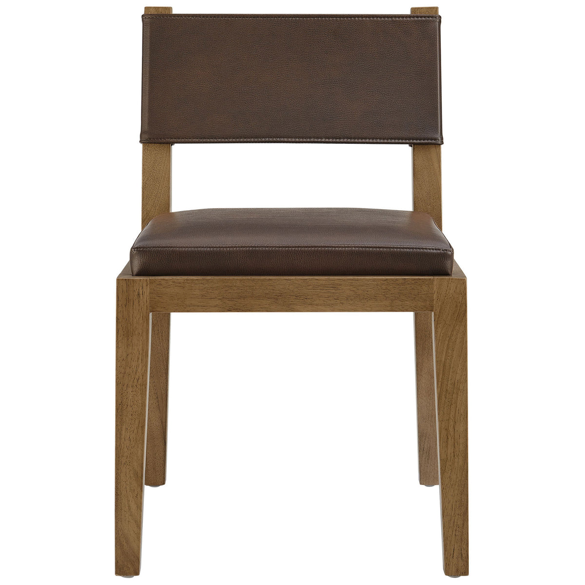 Espresso vegan leather dining chair with low backrest and cushioned seat on a warm natural wood frame || EEI-7527-ESP || front_studio