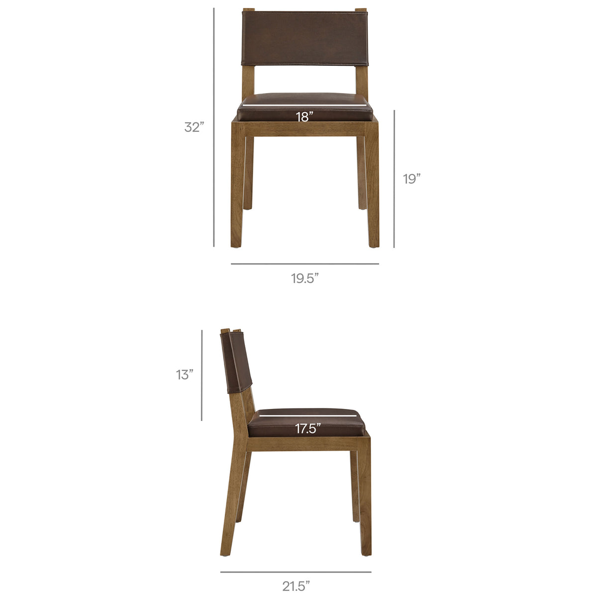 Calder dining chair shown from front and side with labeled measurements for seat height and overall size || EEI-7527-ESP || dimension_studio