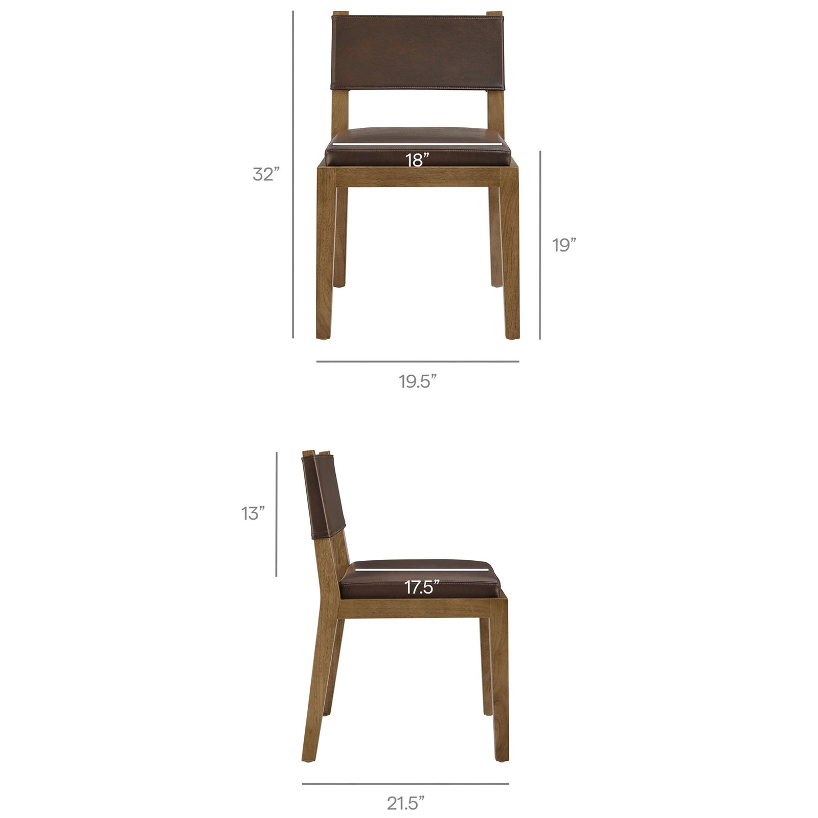 Calder dining chair shown from front and side with labeled measurements for seat height and overall size || EEI-7527-ESP || dimension_studio