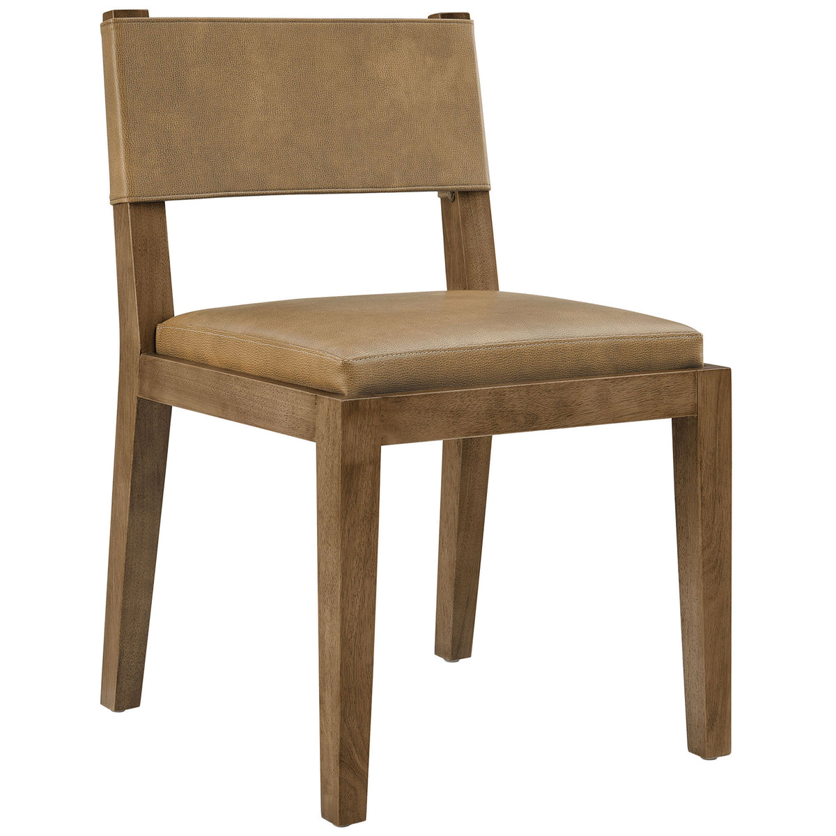 Contemporary toast vegan leather dining chair with low back, generous seat cushion, and gently tapered wood legs || EEI-7527-TST || front_angle_studio