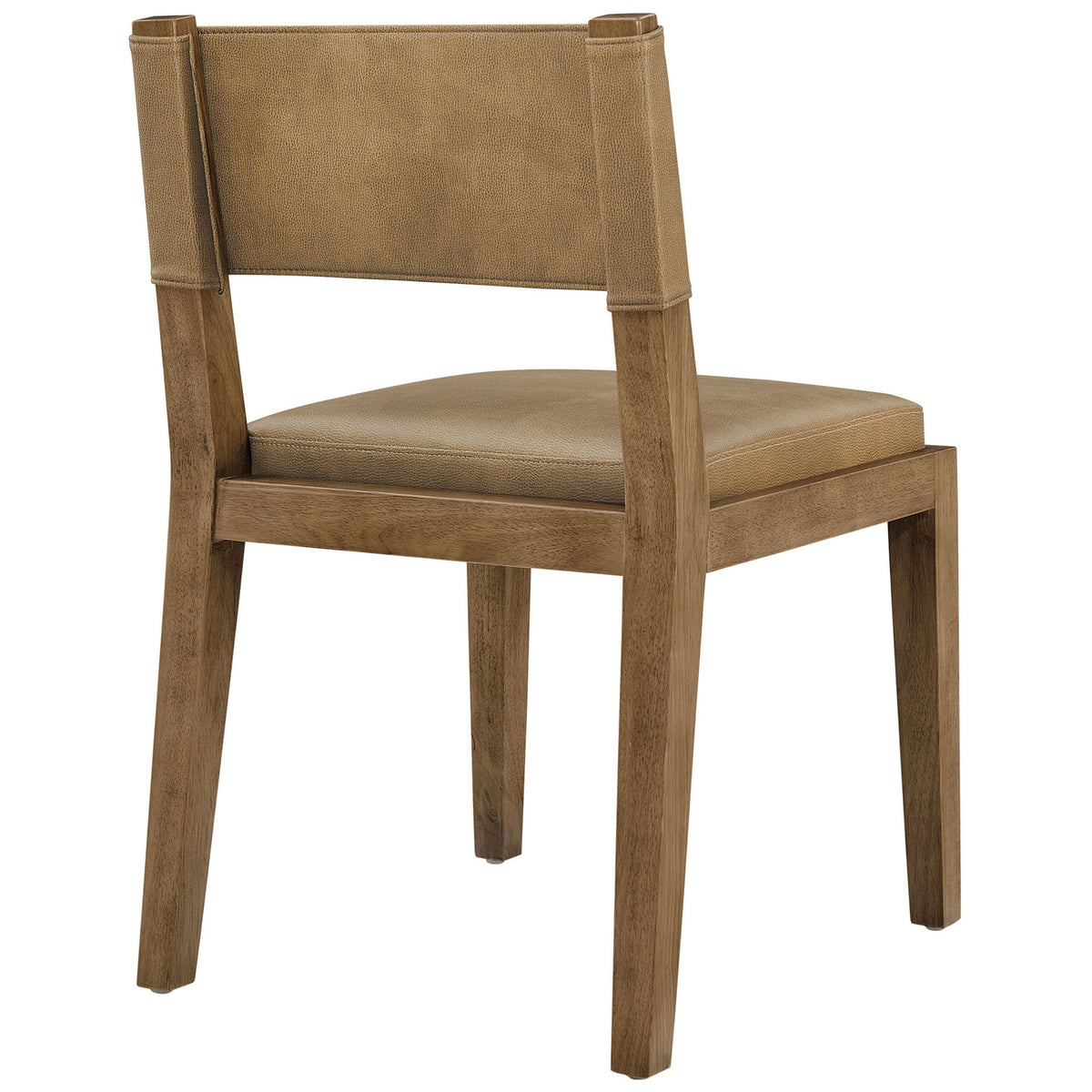Modern dining chair in warm toast vegan leather featuring a broad padded backrest and sturdy wood legs || EEI-7527-TST || back_angle_studio